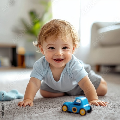 A happy baby crawling on a soft carpet in a cozy room playing with car toy.