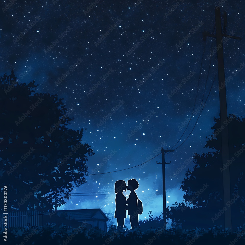 Obraz premium anime love couple sharing sweet kiss under starry night sky