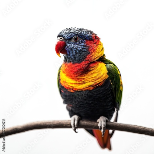 Rainbow Lorikeet perched on branch, studio shot, white background, wildlife photography photo