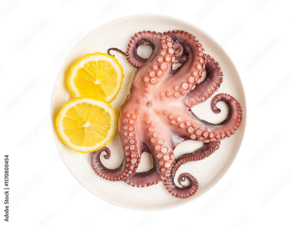 Fototapeta premium Octopus with lemon slices on white plate with transparent background
