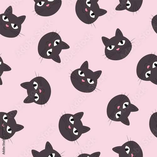 Cat vector pattern with pink background. Funny cat charactes hand drawn vector illustration. photo