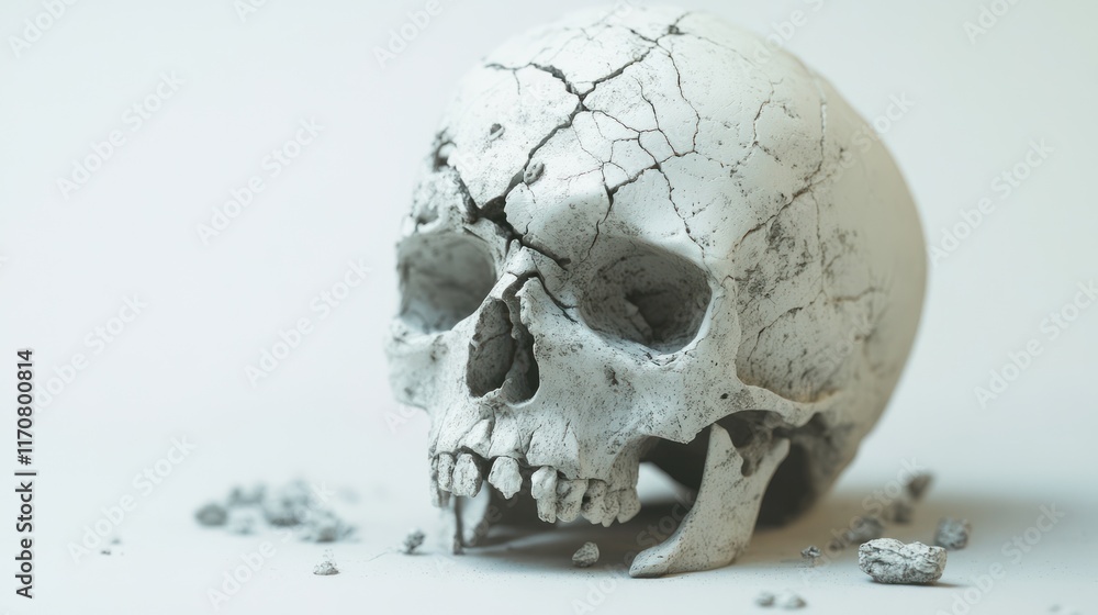 Cracked skull, antique, weathered, ancient, decaying, damaged, fragile, broken, death Cracked skull, antique, weathered, ancient, decaying, damaged, fragile, broken, death