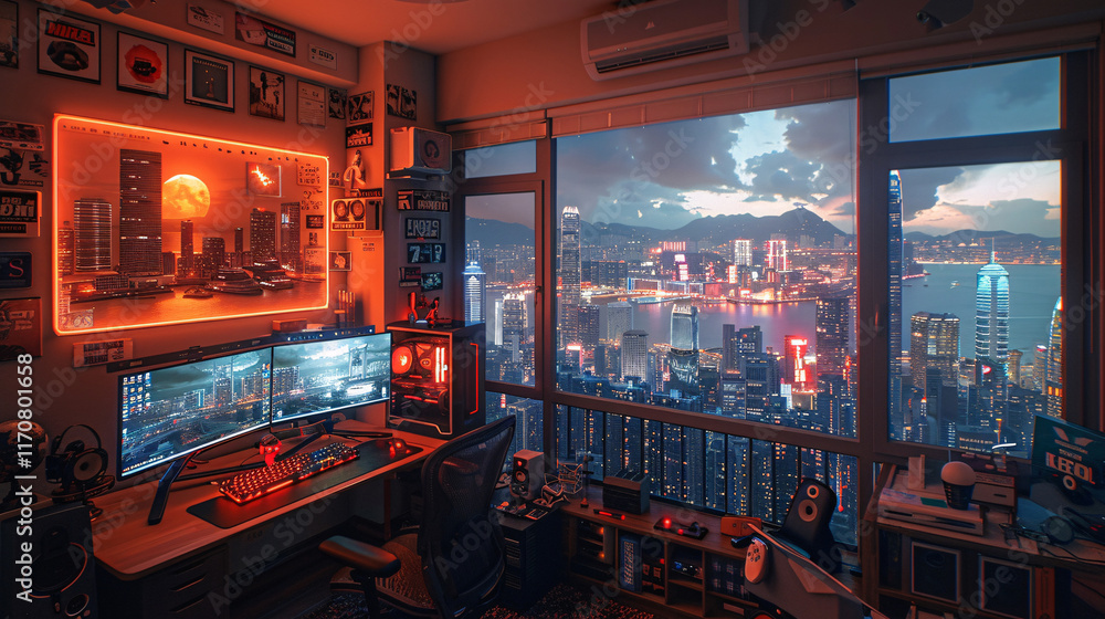 Obraz premium A futuristic office space with multiple computer monitors displaying data and a large window overlooking a city skyline during sunset.