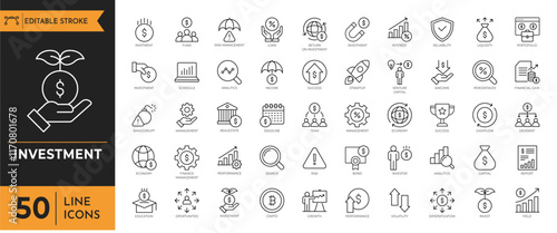 Investment icon set. Containing economy, financial gain, interest investor, mutual fund, asset, risk management, and more. Vector illustration.