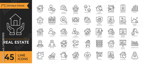 Real estate icon set. Containing realty, property, mortgage, home loan and more. Vector illustration