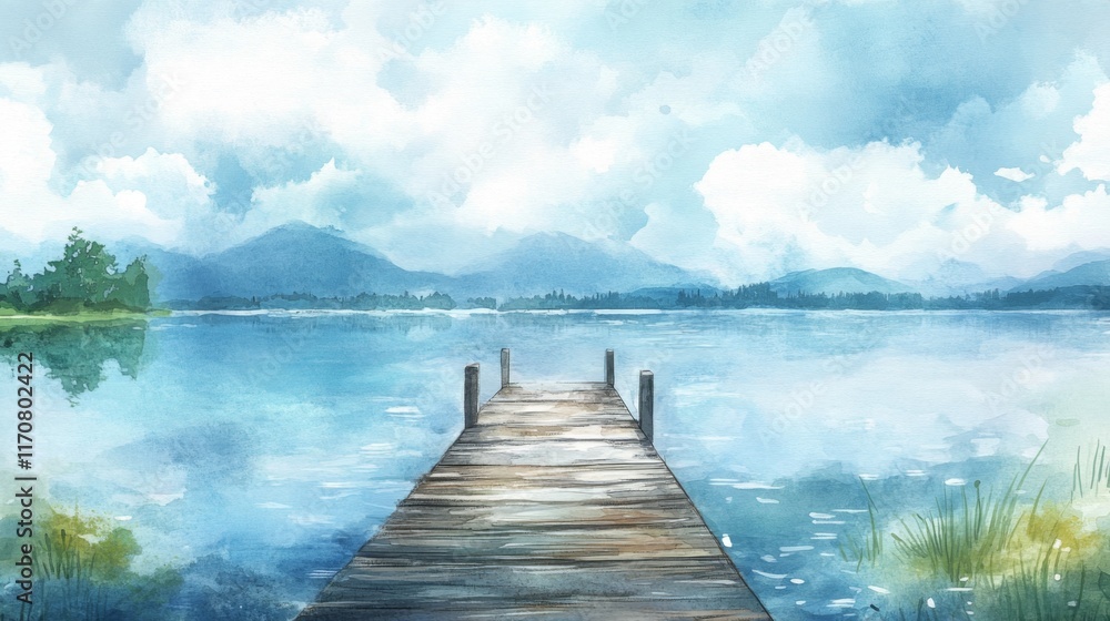 Obraz premium Serene Lakeside Watercolor Painting with Wooden Dock