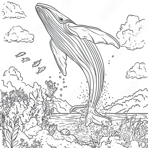 Simple Whale Jumping Coloring Page for Kids: Fun Ocean Animal Illustration photo