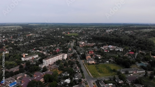 Skvyra City: Architecture and nature of a small Ukrainian town. Kyiv oblast, Ukraine. Aerial view