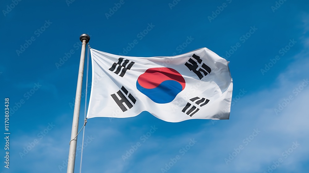 Fototapeta premium South Korea's flag waves against a clear blue sky during a sunny day in an urban setting