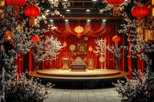 beautifully decorated Chinese stage with red curtains, lanterns, and traditional furniture, surrounded by white blossoms, creating elegant and festive atmosphere