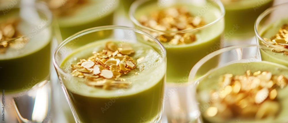 Gourmet Green Dessert Cups with Almond Garnish. Gourmet Green Dessert Cups with Almond Garnish.