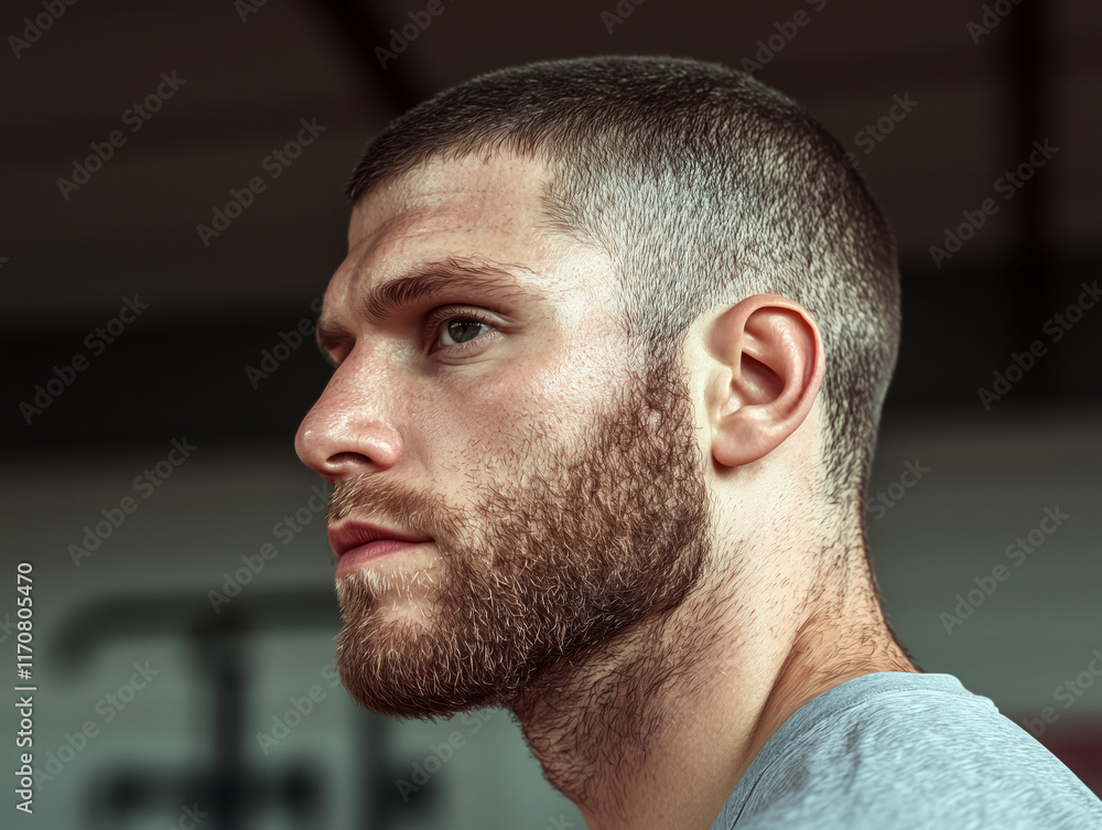 Obraz premium Side profile of a man with a beard in a gym, under soft natural lighting, evoking focus and determination 