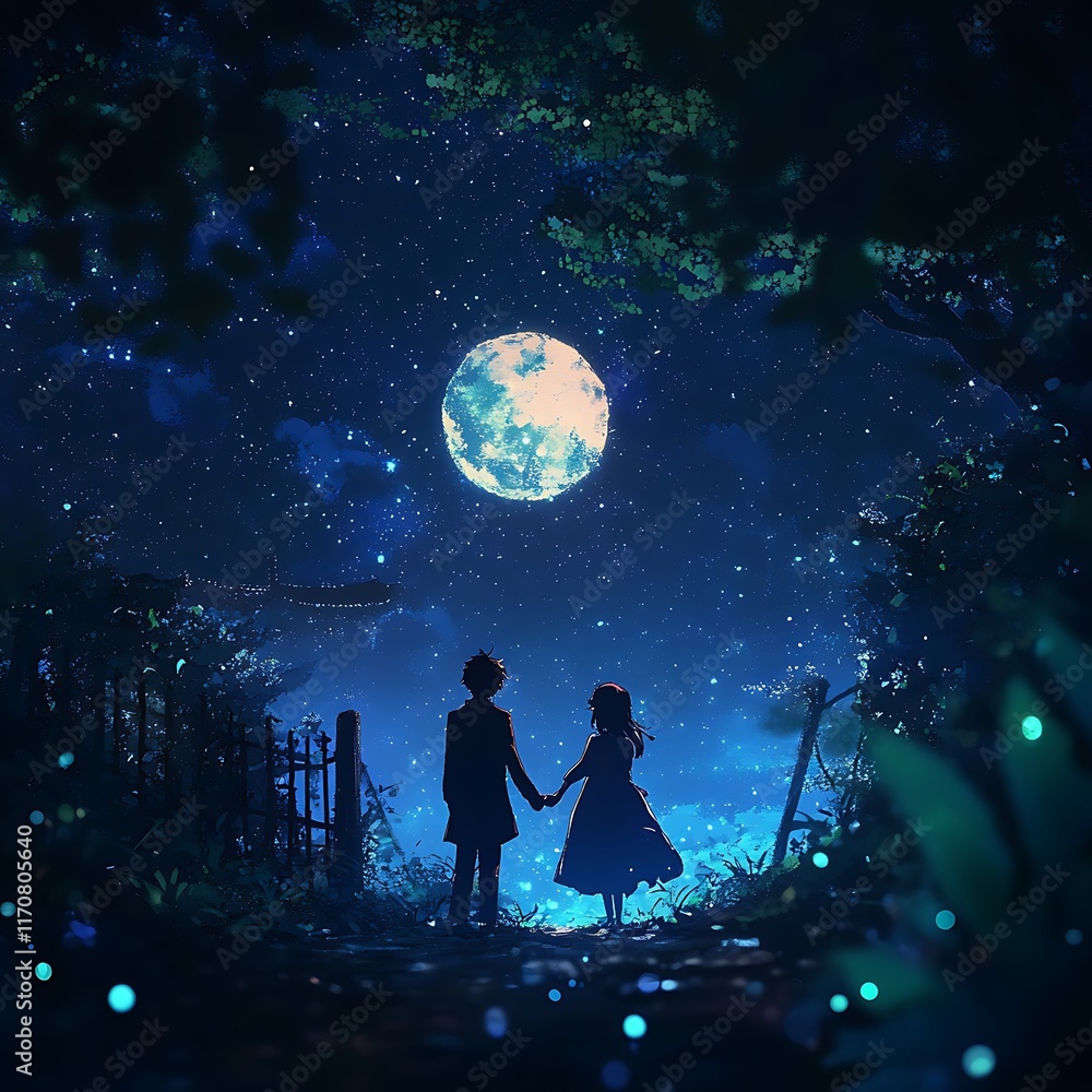 Obraz premium anime love couple under moonlight holding hands with sparkling stars
