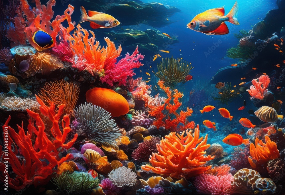 Naklejka premium vibrant underwater seafood composition featuring marine life captivating aquatic scene, colorful, fish, shellfish, coral, ocean, blue, green, algae