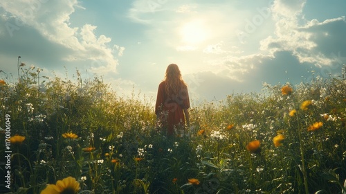 Woman in Red Dress Stands in a Wildflower Field
