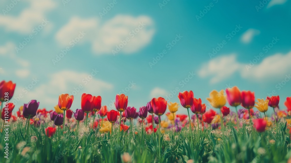 Fototapeta premium Vibrant Field of Tulips Under a Cloud-Kissed Sky