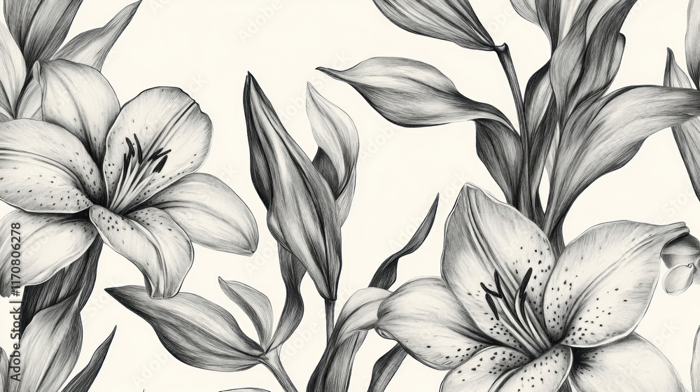 Monochrome illustration of lilies. Monochrome illustration of lilies.