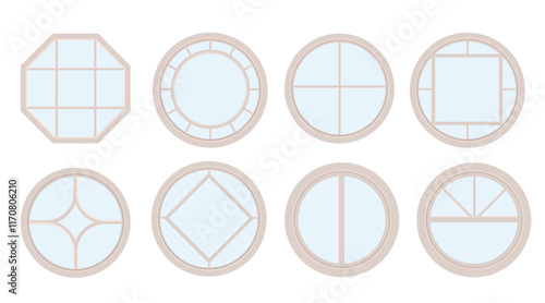 Houses and apartments round windows types. Exterior and interior design, home renovation architecture .Set of wooden or plastic frames. Arched and semicircle