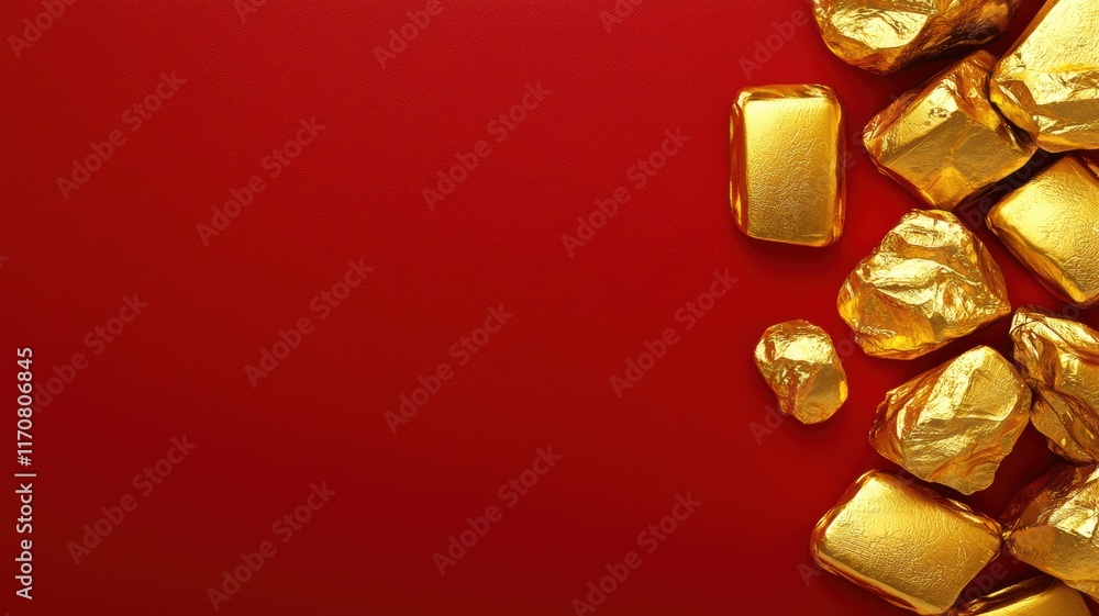 Shiny gold bars and nuggets on a vibrant red background. Shiny gold bars and nuggets on a vibrant red background.