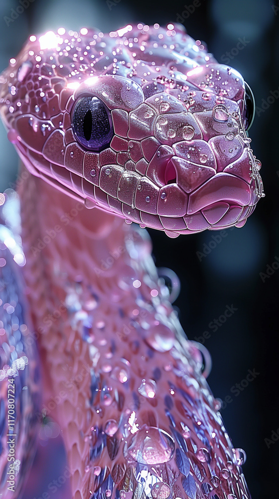 Fototapeta premium Shiny pink snake with futuristic scales, representing the Year of the Snake in the Chinese zodiac. A surreal, digital artwork perfect for astrology, fantasy, and creative design projects.