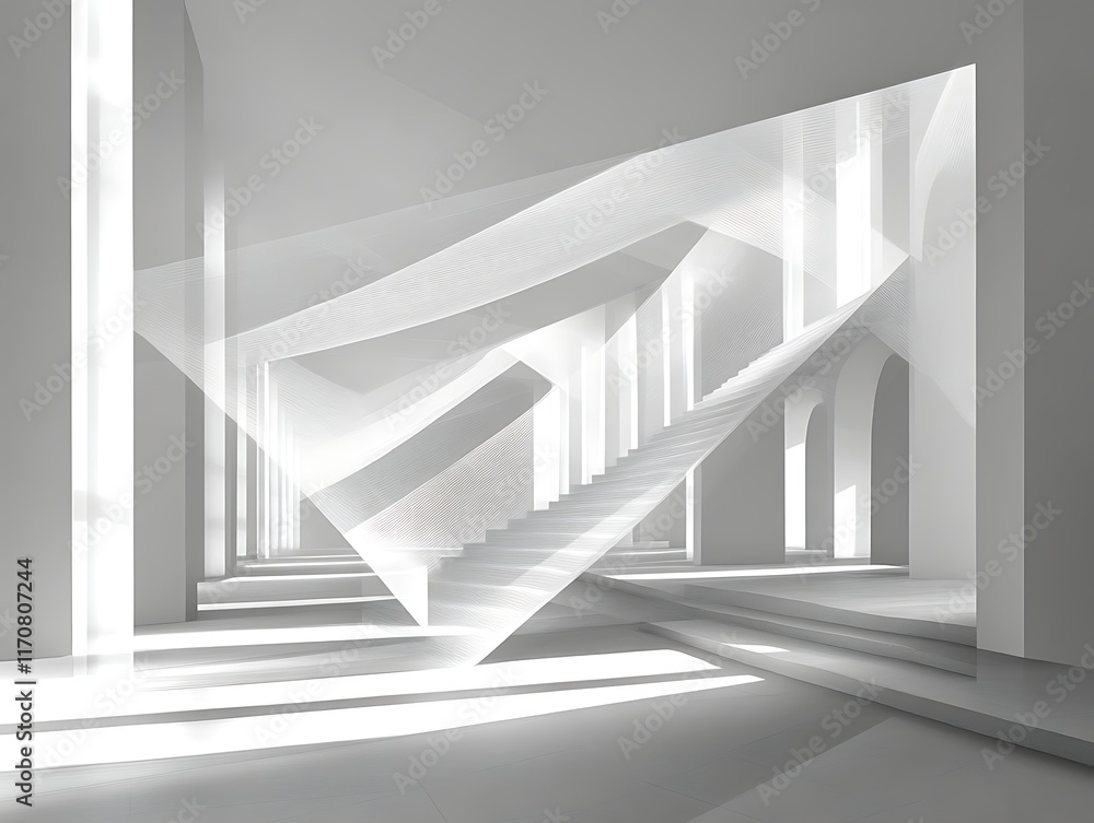Fototapeta premium Abstract white architectural interior with stairs and light.