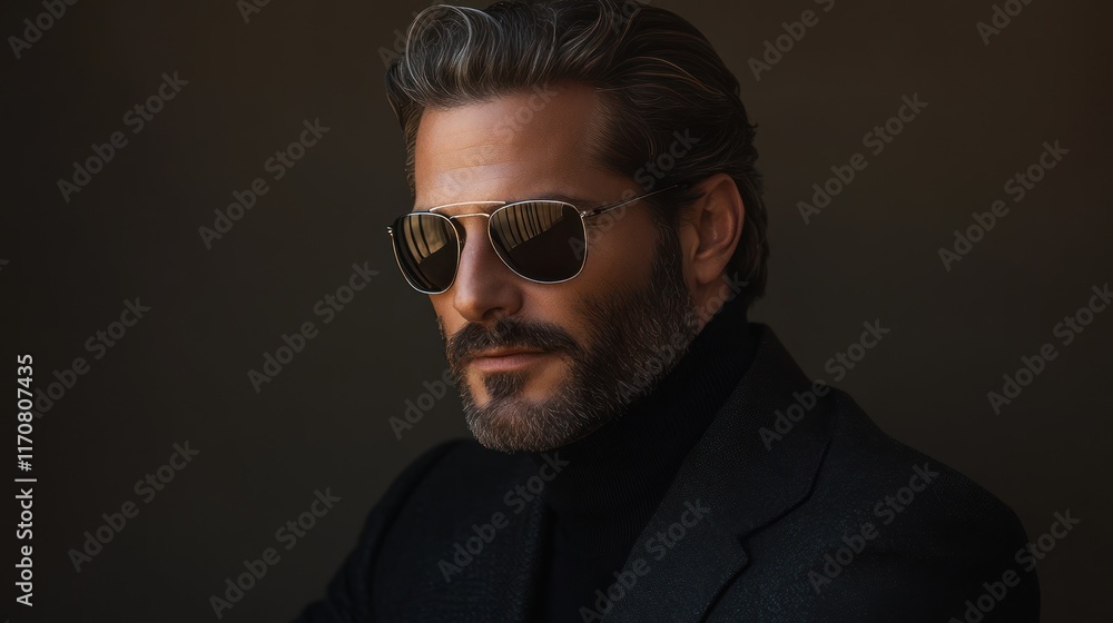 Fototapeta premium Close-up of a man wearing sunglasses and a turtleneck, serious expression, dark background, fashion, portrait.