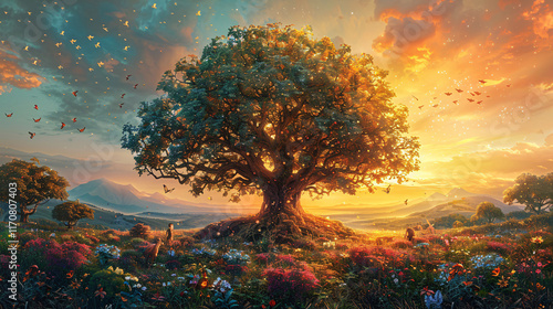 A large tree with a large canopy and a large root system in a field of flowers and butterflies with a sunset in the background.
