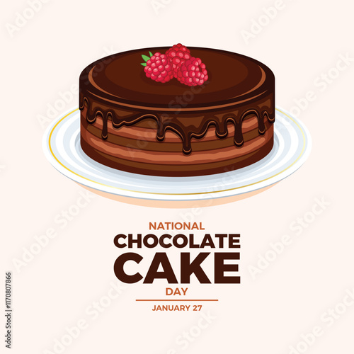 National Chocolate Cake Day poster vector illustration. Whole round chocolate cake with raspberries icon vector. Template for background, banner, card, poster. January 27. Important day