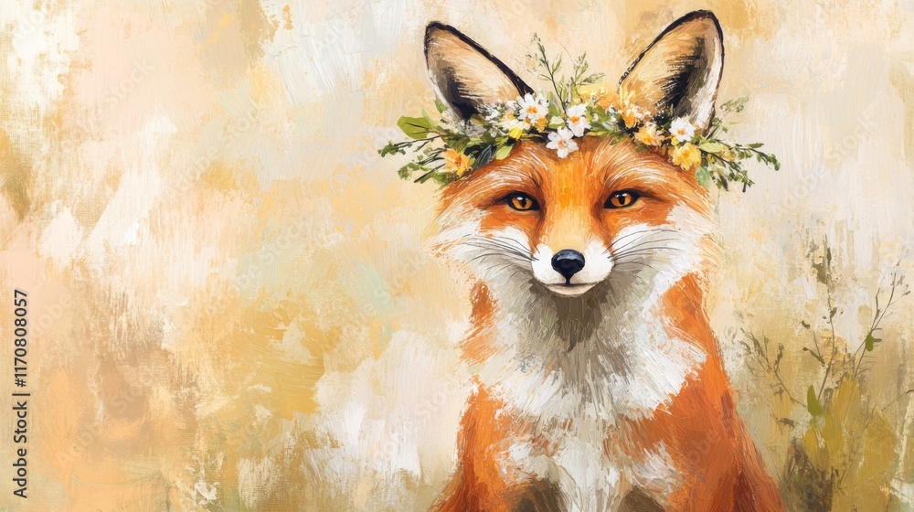 custom made wallpaper toronto digitalCharming Fox with Floral Crown - Artistic Animal Portrait