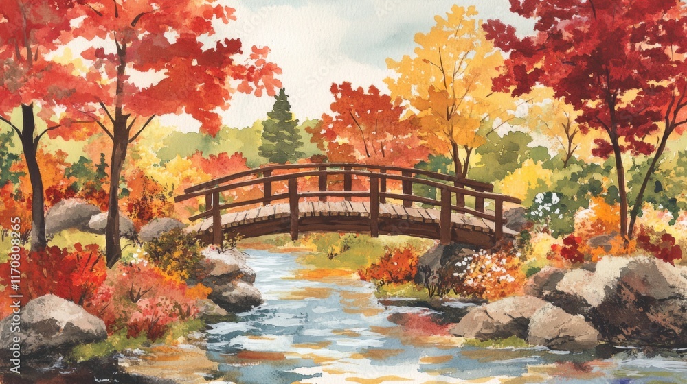 Autumnal Bridge Over a Gentle Creek: Watercolor Landscape Autumnal Bridge Over a Gentle Creek: Watercolor Landscape