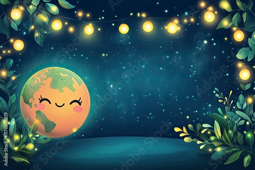Wallpaper Mural Frame illustration of cute earth hour turn off the lights for template background or copy space  Torontodigital.ca