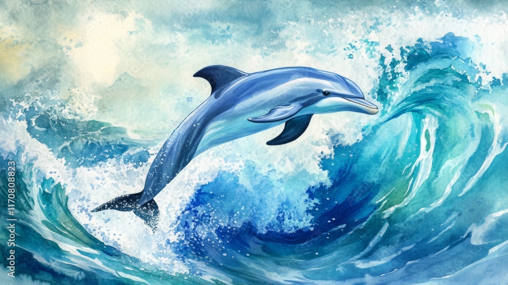 Fototapeta premium Majestic Dolphin Leaping Through Azure Waves: Watercolor Masterpiece