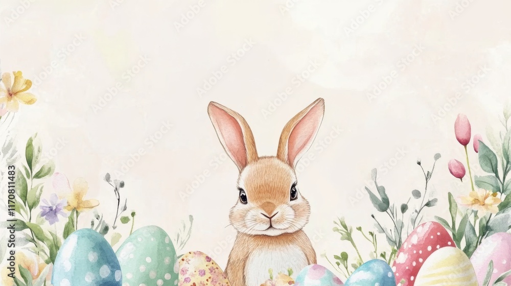 Charming Easter Rabbit with Colorful Eggs and Flowers Charming Easter Rabbit with Colorful Eggs and Flowers