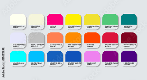 Marketing Manager Color Guide Palette with Color Names. Catalog Sample Marketing Managers with RGB HEX codes and Names. Marketing Manager Color Palette, Fashion Trend Marketing Manager Color Palette