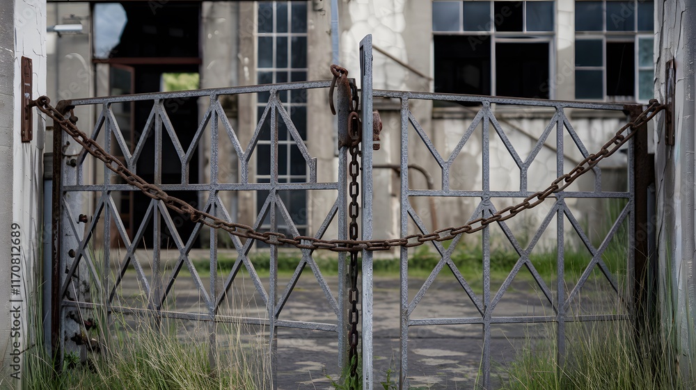 Closed factory gate with chain and padlock, symbolizing the end of an era and the transition to new beginnings. Industrial decline and the shift towards modernization and renewal. Closed factory gate with chain and padlock, symbolizing the end of an era and the transition to new beginnings. Industrial decline and the shift towards modernization and renewal.