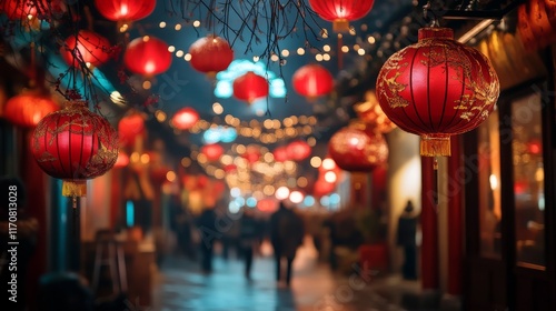 Wallpaper Mural Asian street decorated with red Chinese lanterns and People strolling, Lunar New Year celebrations Torontodigital.ca