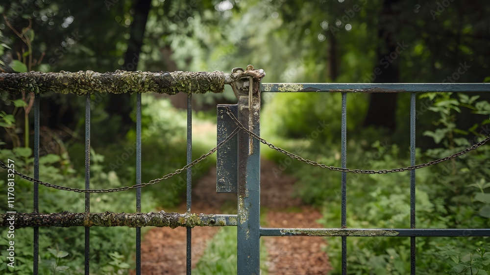 Closed factory gate with chain and padlock, symbolizing the end of an era and the transition to new beginnings. Industrial decline and the shift towards modernization and renewal. Closed factory gate with chain and padlock, symbolizing the end of an era and the transition to new beginnings. Industrial decline and the shift towards modernization and renewal.