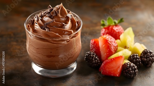 Luxurious Chocolate Mousse Dessert Artistically Garnished with Fresh Fruits for Indulgent Experience