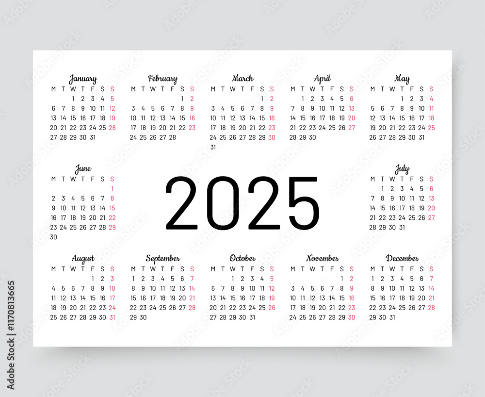 Calendar 2025 year. Calender template. Week starts Monday. Pocket organizer grid with 12 month in English. Yearly scheduler layout in minimal design. Vector illustration. Landscape orientation, A4. Calendar 2025 year. Calender template. Week starts Monday. Pocket organizer grid with 12 month in English. Yearly scheduler layout in minimal design. Vector illustration. Landscape orientation, A4.