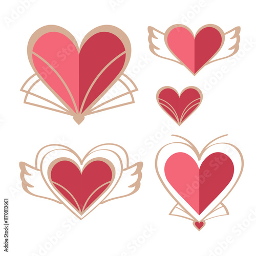 Vector doodle with different hearts, burning, flying in art deco style. Hand drawn set with different emotional symbols of love and expression of feelings. For Valentine's Day, congratulations, card