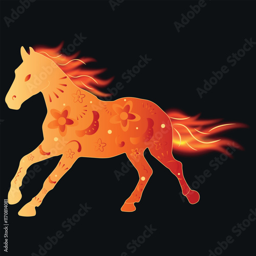 Vector prancing red fire horse silhouette. Horse with a flaming mane and Chinese ornaments. New year animal symbol. Chinese zodiac horse symbol. Horse character