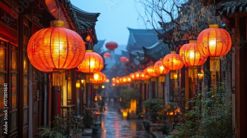 Wallpaper Mural A view of Asian street adorned with rows of glowing red Chinese lanterns. Lunar New Year decorations Torontodigital.ca