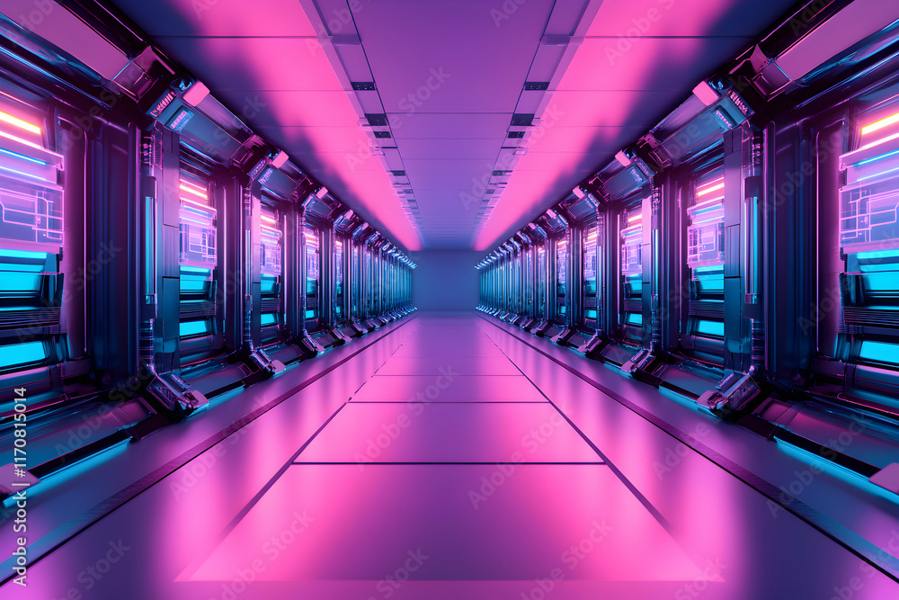 Fototapeta premium Futuristic neon-lit corridor, vibrant pink and blue hues, long perspective, digital art, sci-fi architecture, technology, sleek design, empty hallway.