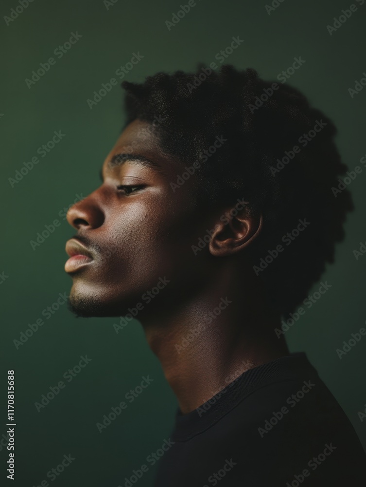 Obraz premium Thoughtful Young African American Man Profile Portrait, Glitter, Green Background, Close-up Studio Shot