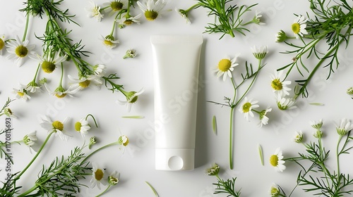 A trendy tube of chamomile moisturizer, accompanied by chamomile flowers and leaves on a white backdrop photo