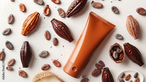 A trendy tube of cocoa butter moisturizer, accompanied by cocoa beans and pods on a white backdrop photo