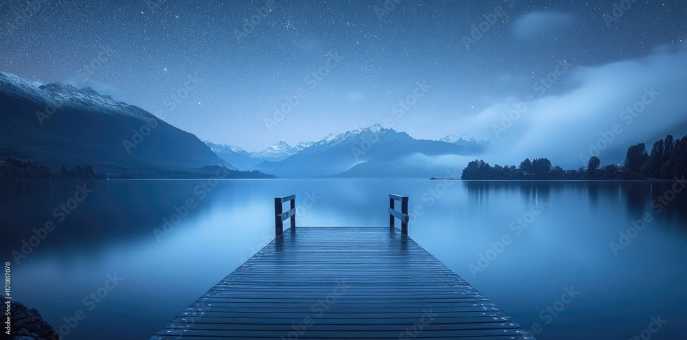 Naklejka premium Serene Night Lake Wooden Dock Mountain Starry Sky