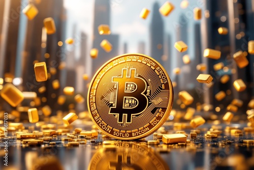 Golden Bitcoin coin surrounded by floating gold bricks in futuristic cityscape. Illuminated background with focus on digital currency concept. Ai generative photo