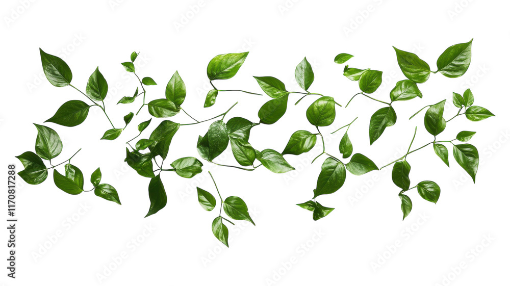 Obraz premium Vibrant green leaves cascading along a transparent background, showcasing natural beauty and organic design elements for creative projects.