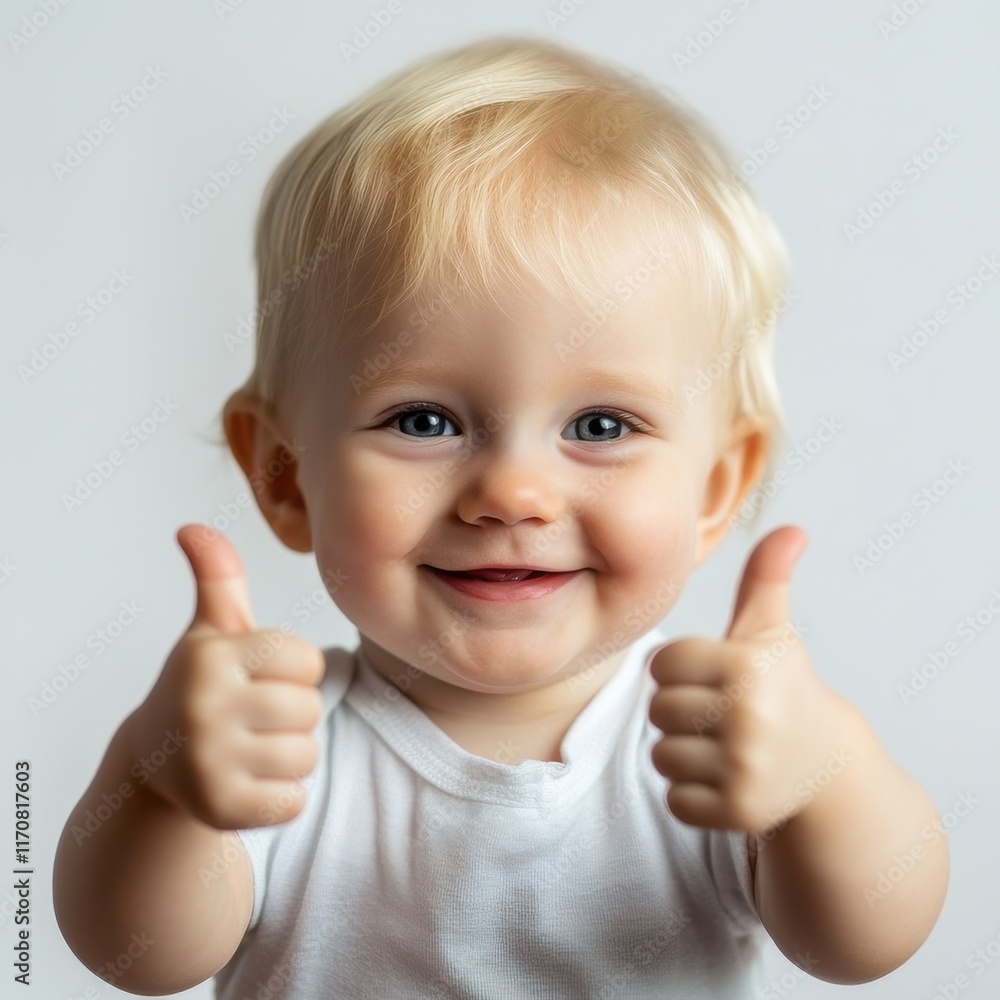 Smiling baby with blonde hair giving two thumbs up in approval on white background. Smiling baby with blonde hair giving two thumbs up in approval on white background.